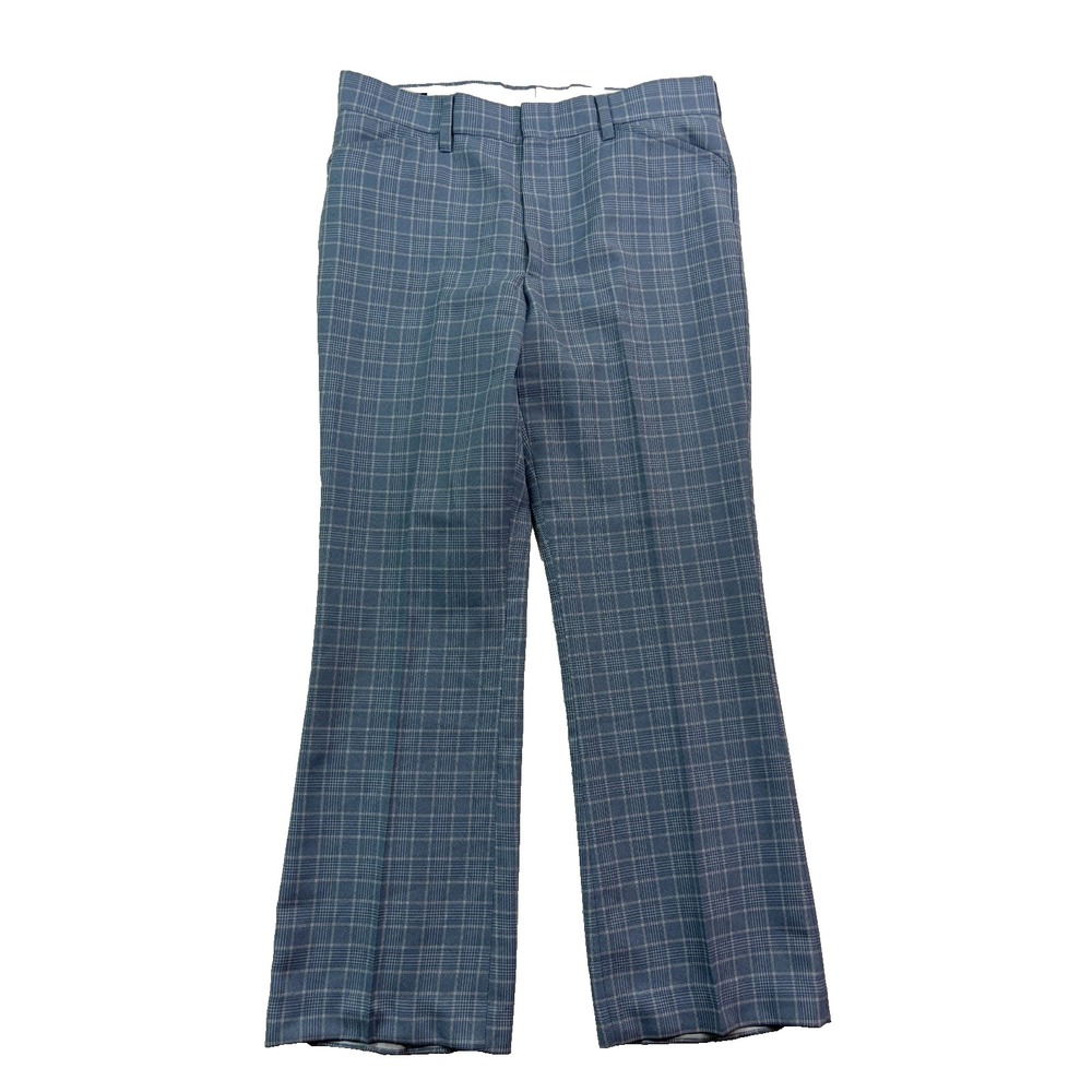 vtg 70s Farah 38x33 Blue Plaid Check Dress Suit Pants‎ Flare Bootcut USA Knit